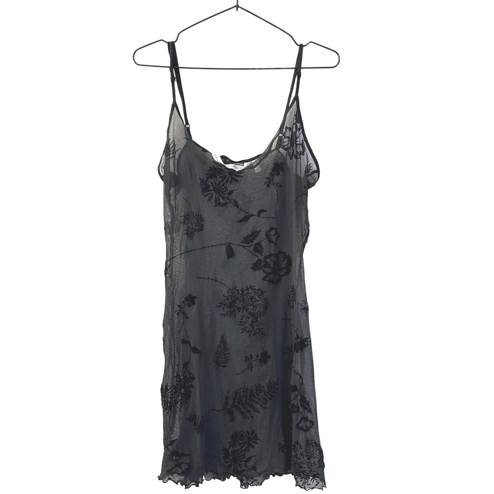 Vintage 1998 Victoria's Secret Black Flocked Floral Mesh Slip Dress M 90s